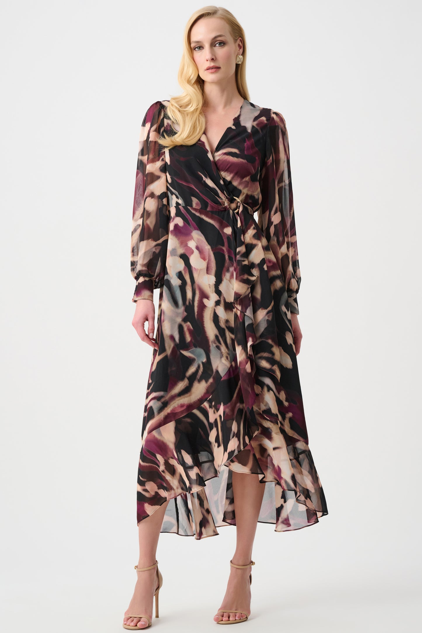 Joseph Ribkoff Chiffon Printed Fit and Flare Wrap Dress Black/Multi 263739