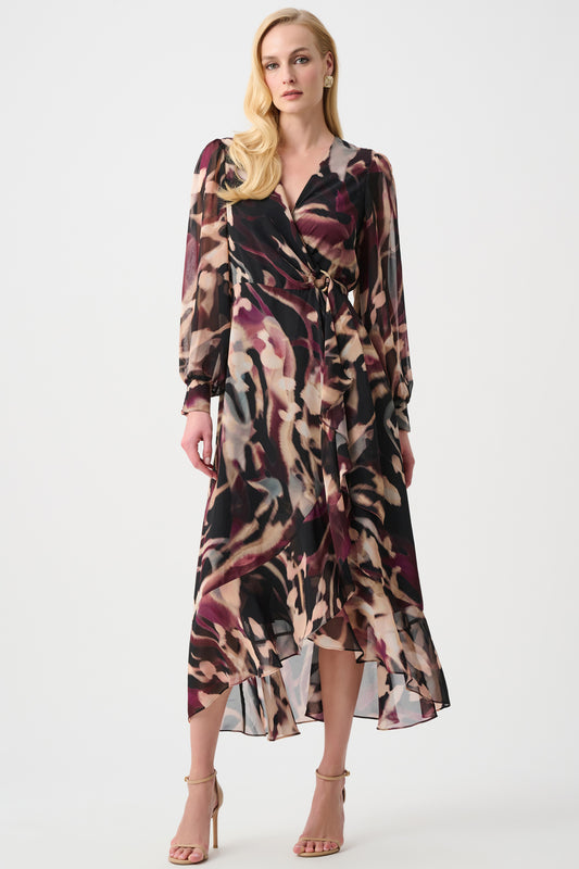Joseph Ribkoff Chiffon Printed Fit and Flare Wrap Dress Black/Multi 263739