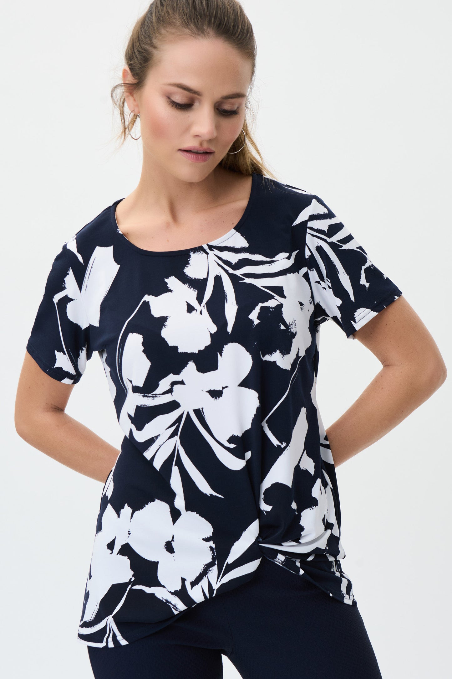 Joseph Ribkoff Floral Twisted Hemline Detail Top Midnight/Vanilla 231262-2229