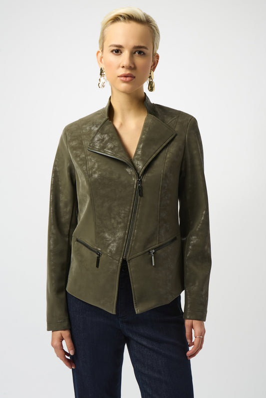 Joseph Ribkoff Foiled Faux Suede Fitted Moto Jacket Avocado Green 253915-3380