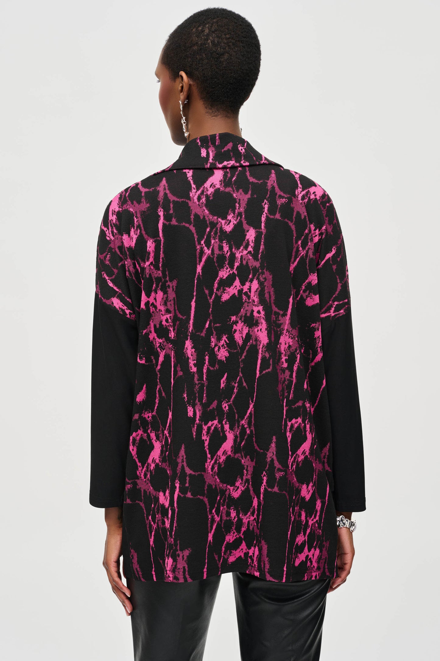 Joseph Ribkoff Jacquard Sweater Cowl Neck Boxy Top - Black/Pink- 243247-435