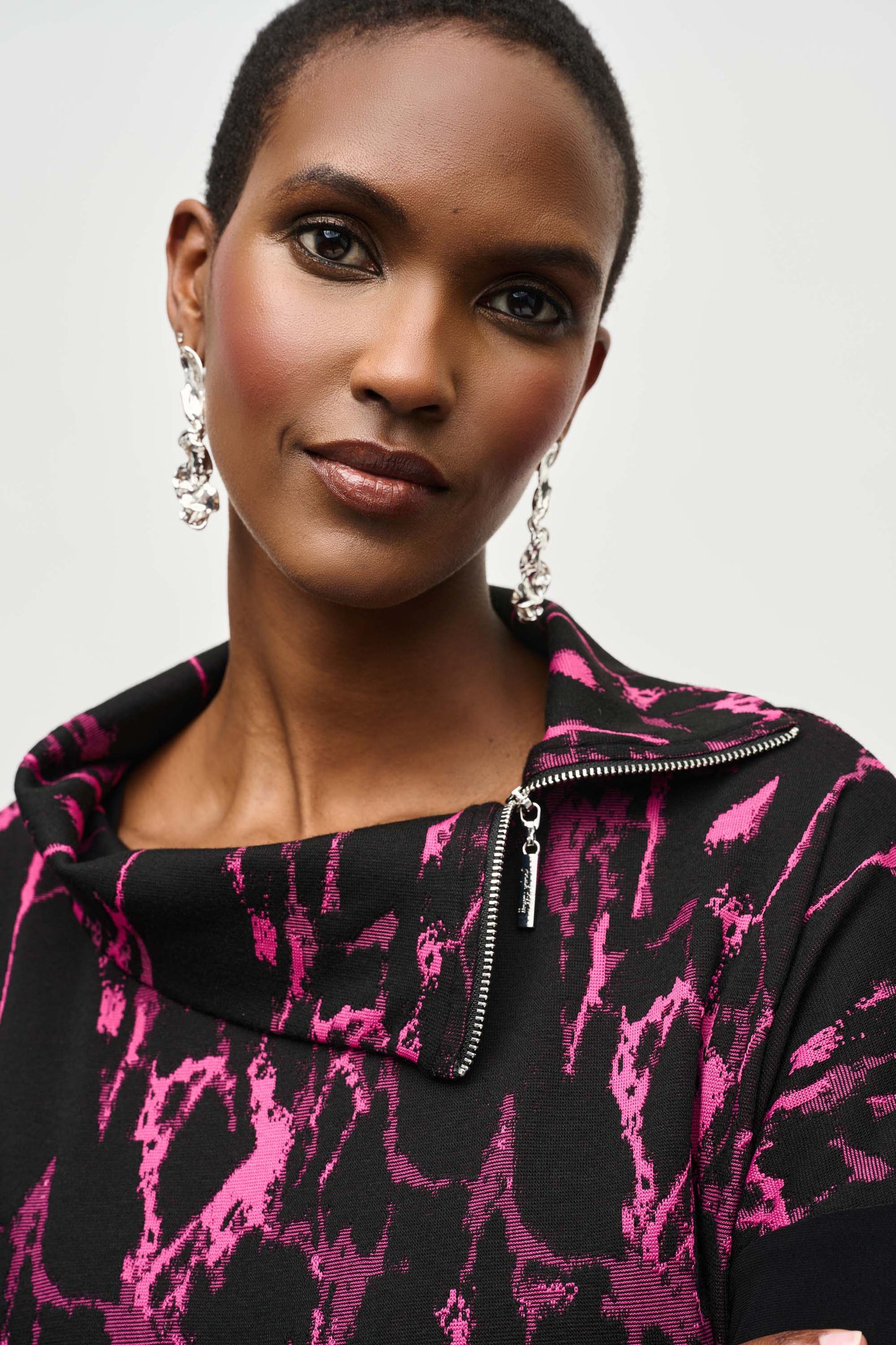 Joseph Ribkoff Jacquard Sweater Cowl Neck Boxy Top - Black/Pink- 243247-435