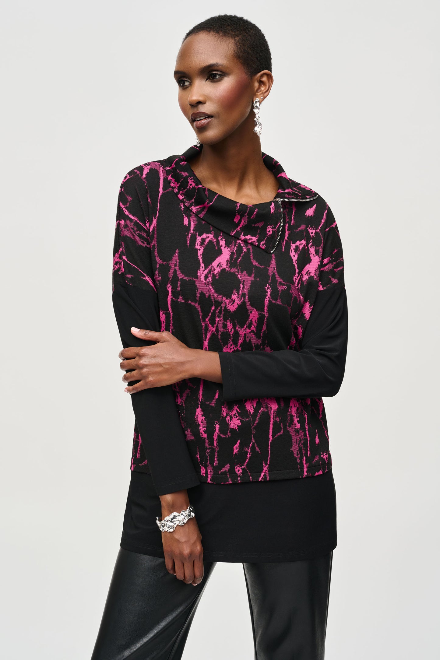 Joseph Ribkoff Jacquard Sweater Cowl Neck Boxy Top - Black/Pink- 243247-435