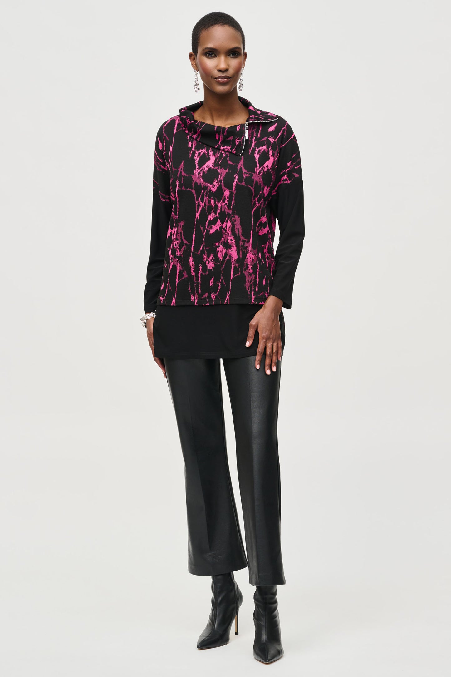 Joseph Ribkoff Jacquard Sweater Cowl Neck Boxy Top - Black/Pink- 243247-435