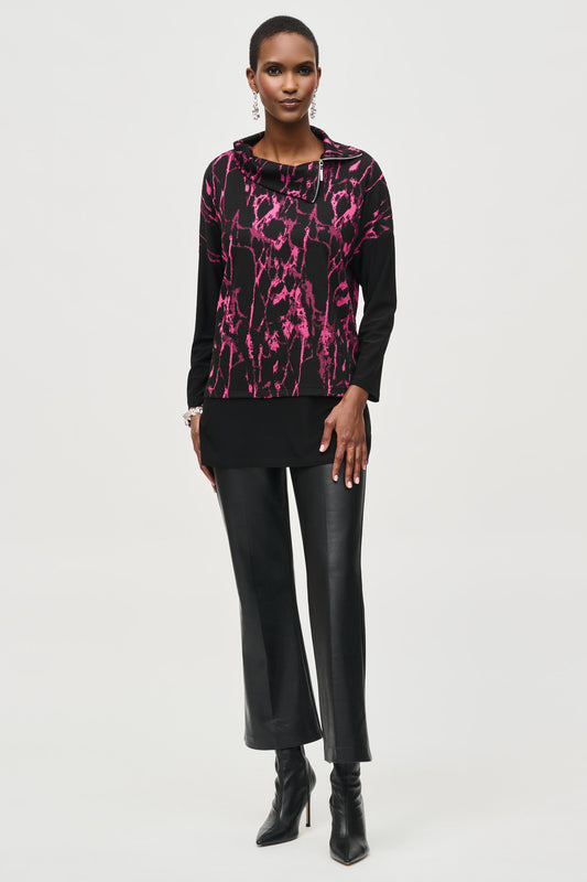 Joseph Ribkoff Jacquard Sweater Cowl Neck Boxy Top - Black/Pink- 243247-435