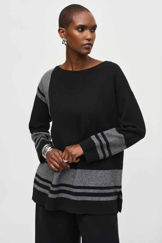 Joseph Ribkoff Oversized Knitted Boatneck Top Black/Vanilla 243949