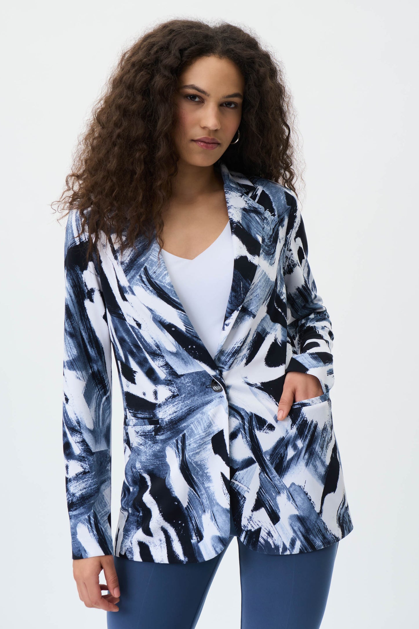 Joseph Ribkoff Silky Knit Abstract Print Straight Blazer Blue/Multi 231022-3316