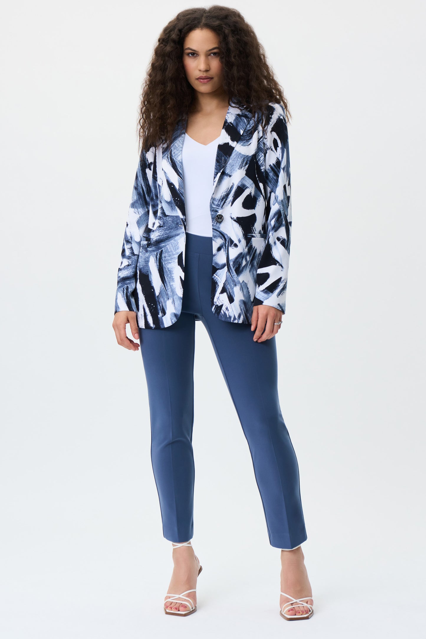 Joseph Ribkoff Silky Knit Abstract Print Straight Blazer Blue/Multi 231022-3316