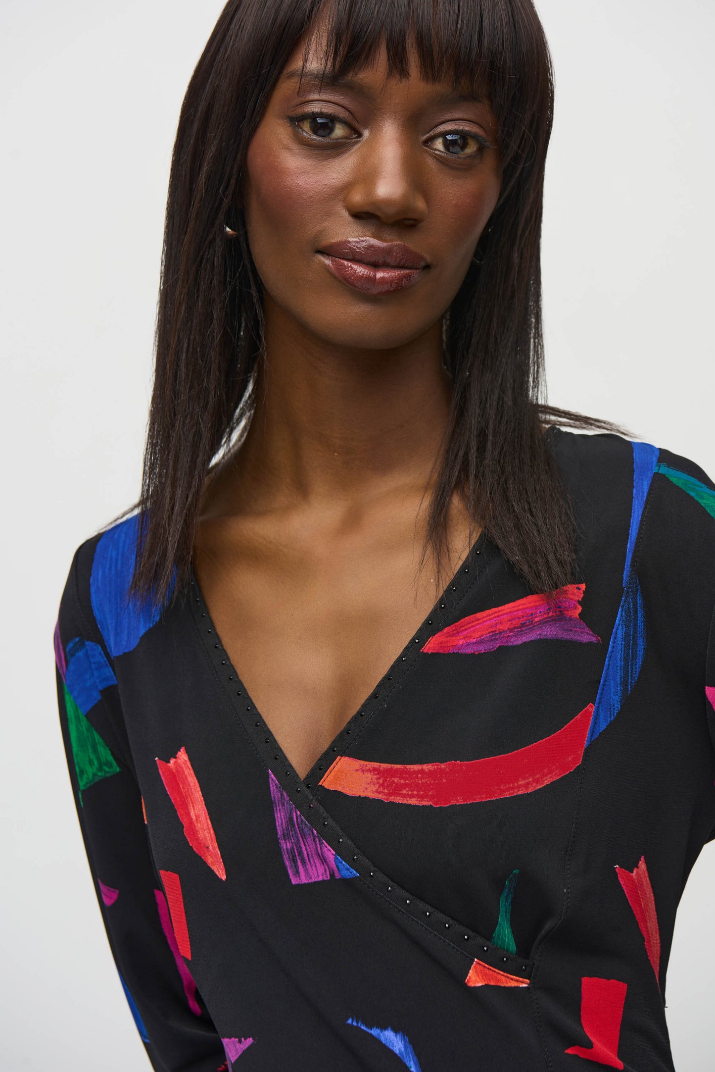 Joseph Ribkoff Silky Knit Abstract Print Wrap Top Black/Multi 244079-178
