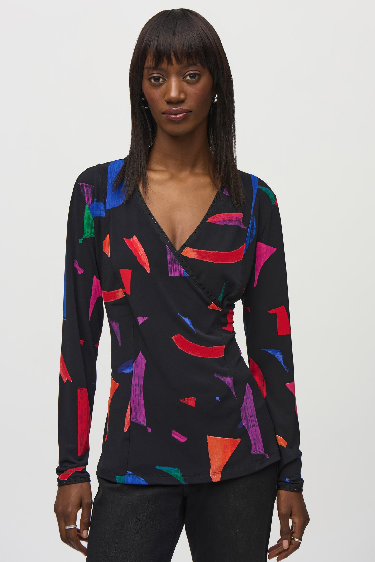 Joseph Ribkoff Silky Knit Abstract Print Wrap Top Black/Multi 244079-178