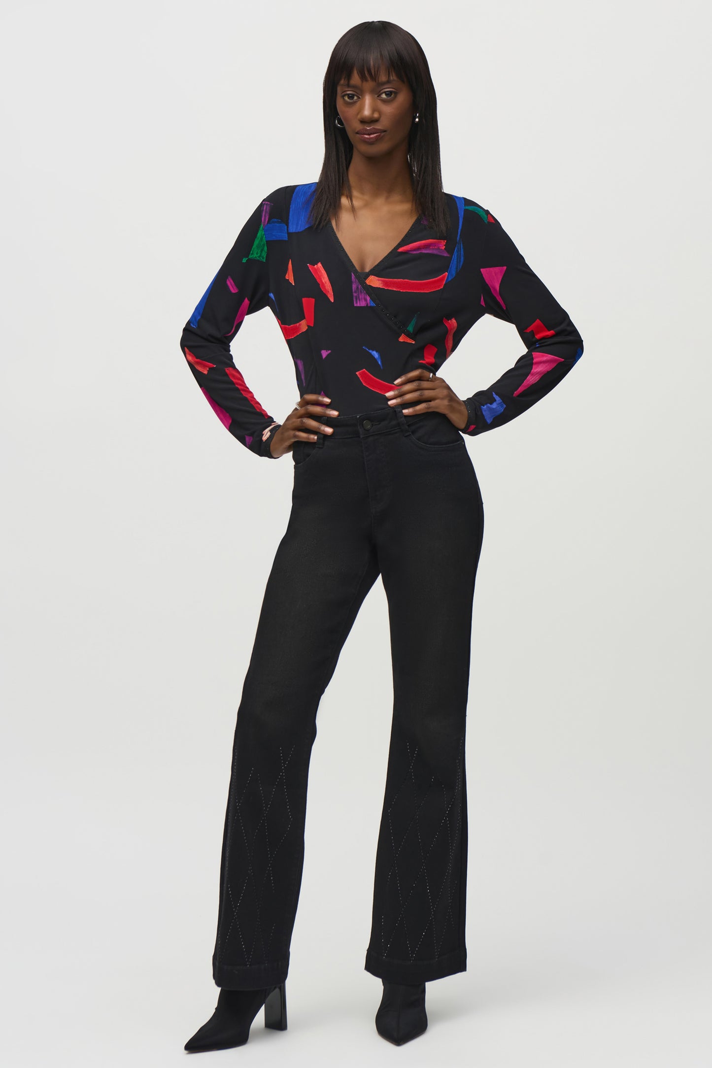 Joseph Ribkoff Silky Knit Abstract Print Wrap Top Black/Multi 244079-178