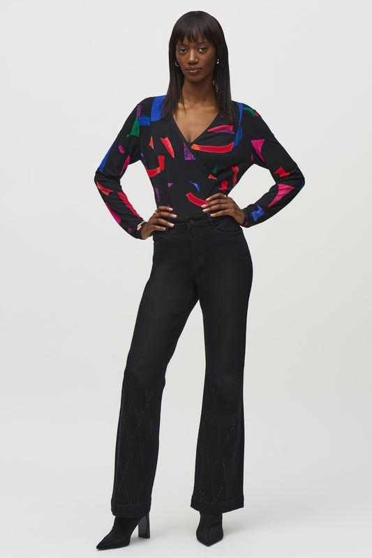 Joseph Ribkoff Silky Knit Abstract Print Wrap Top Black/Multi 244079-178