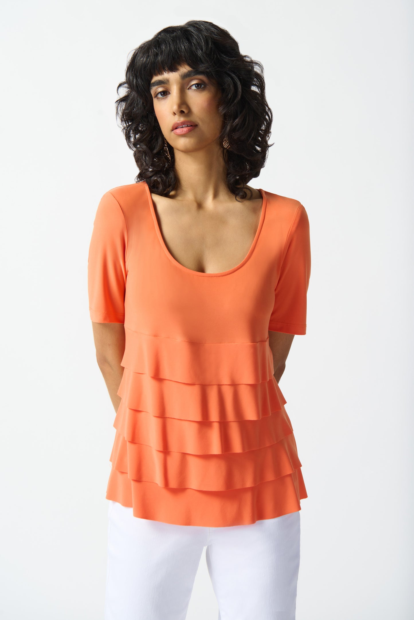 Joseph Ribkoff Silky Knit Flared Ruffle Top Mandarin 242214-4025