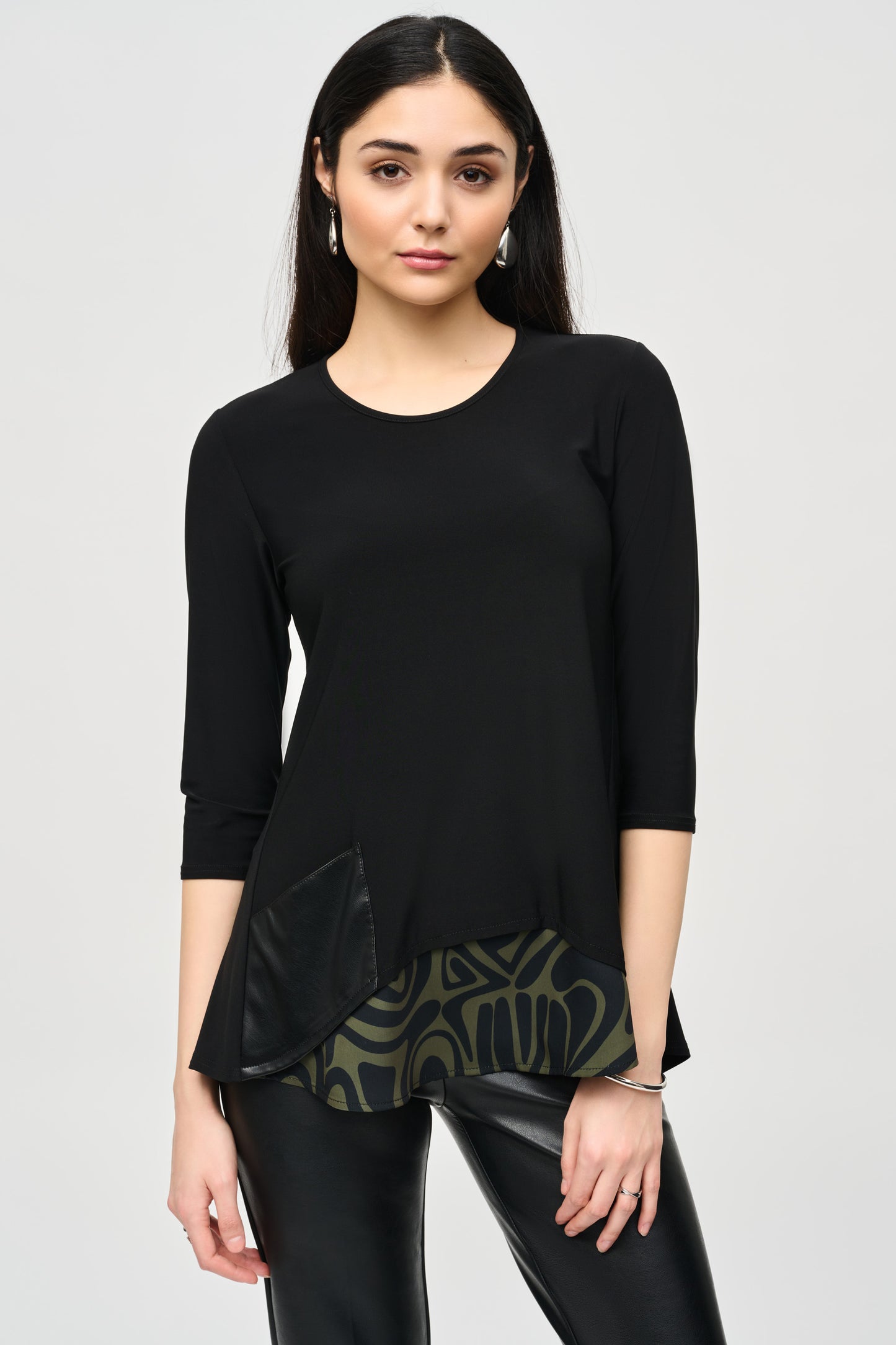 Joseph Ribkoff Silky Knit Tunic With Abstract Print Layer Black/Green 243123-3734