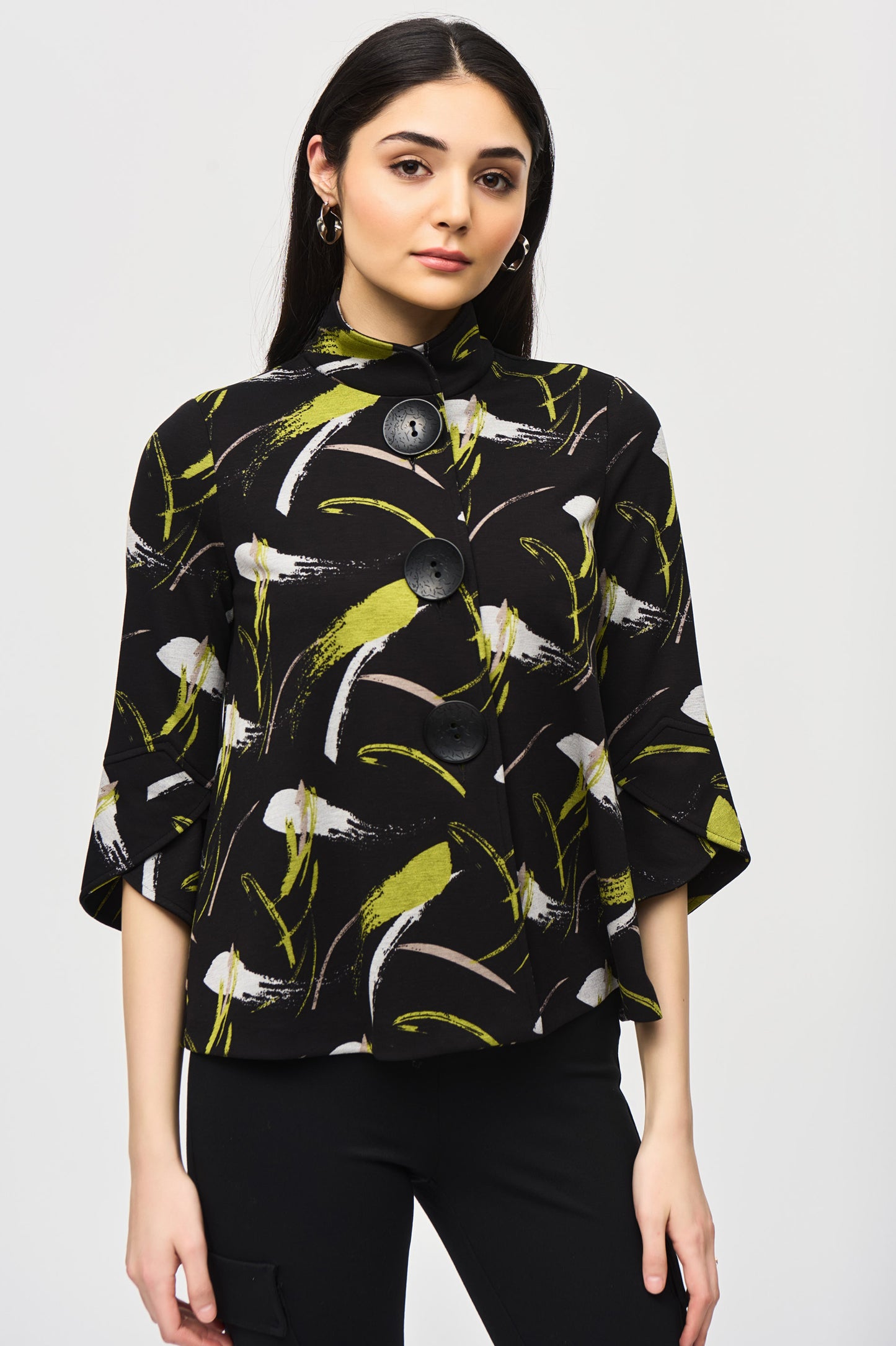 Joseph Ribkoff Sweater Knit Abstract Print Trapeze Jacket Black/Multi 243326-178