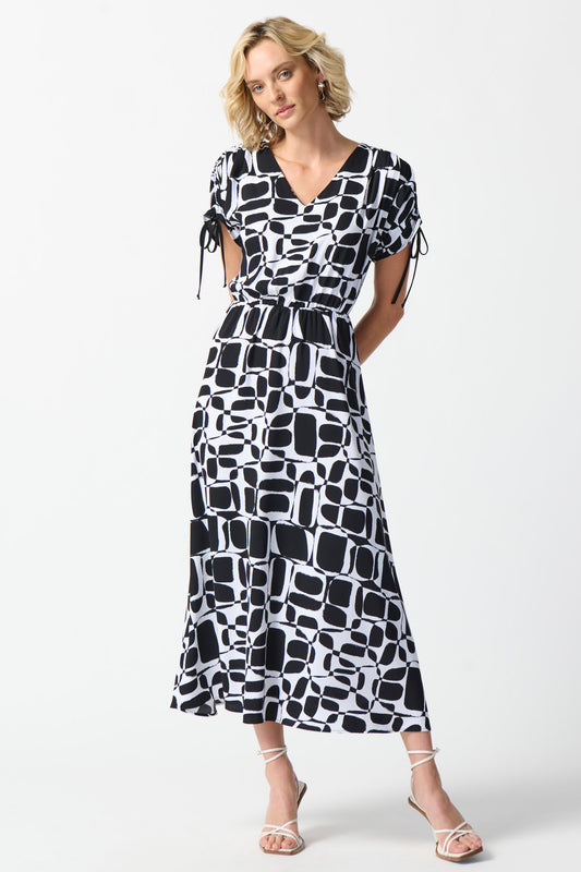 Joseph Ribkoff Woven Geometric Print Midi Dress Vanilla/Black 242100-1846
