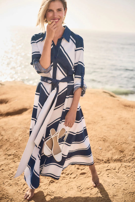 Joseph Ribkoff Stripe Fit & Flare Shirt Dress with Reversible Sash Navy/White 261936-299
