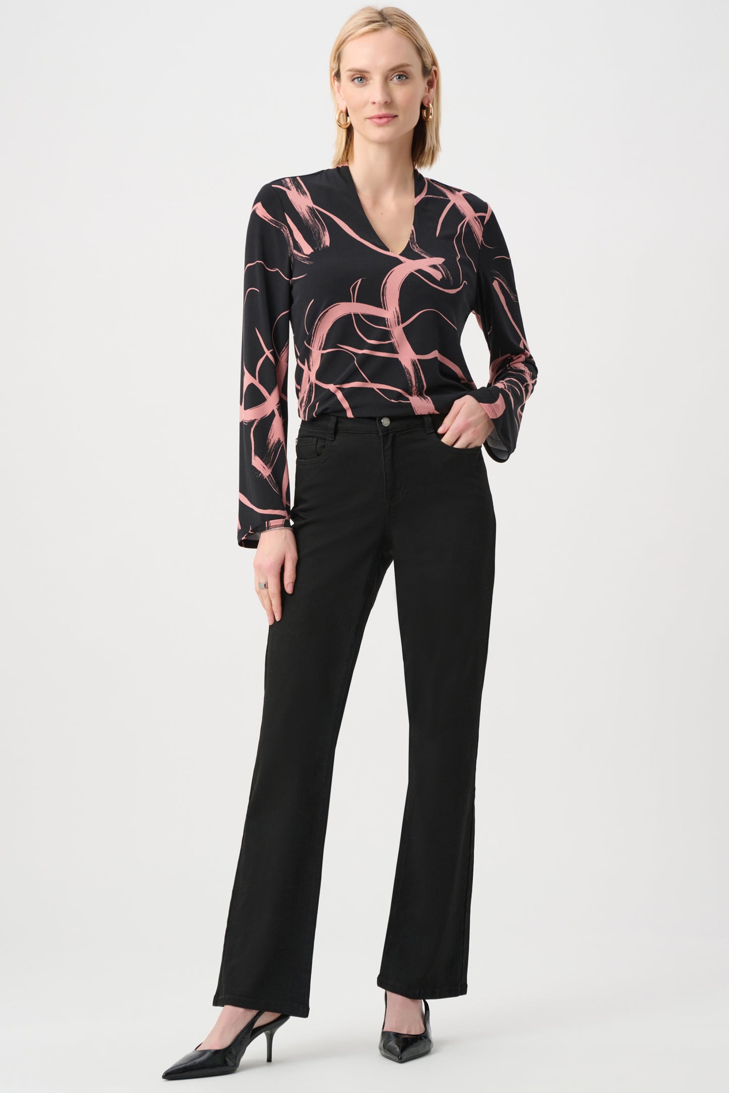 Joseph Ribkoff Silky Knit Abstract Print Straight Top Black/Pink 263166