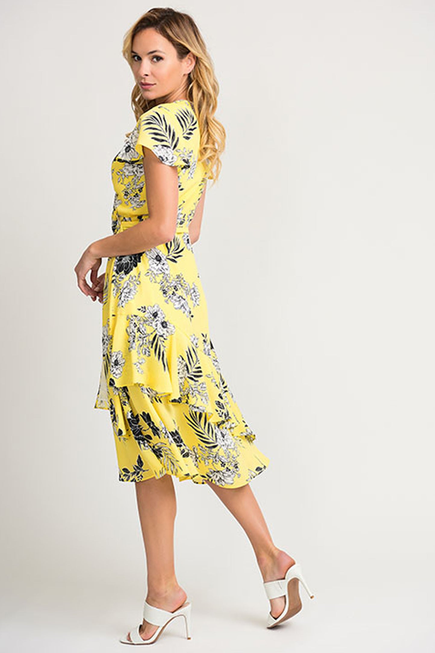 Joseph Ribkoff Floral Print Ruffle Dress Yellow/Black 202425