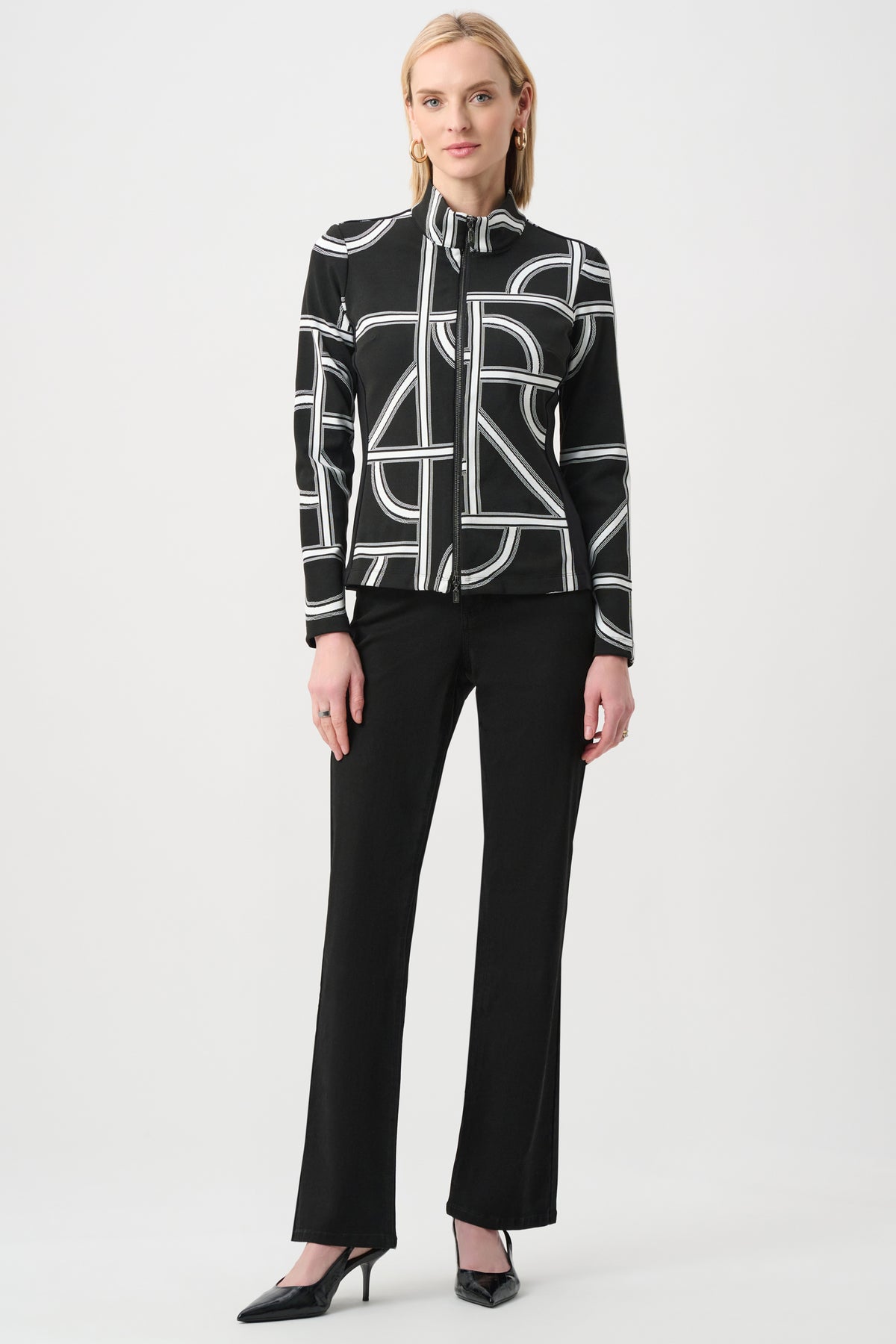Joseph Ribkoff Jacquard Knit Geometric Fitted Jacket Black/Off-White 263055