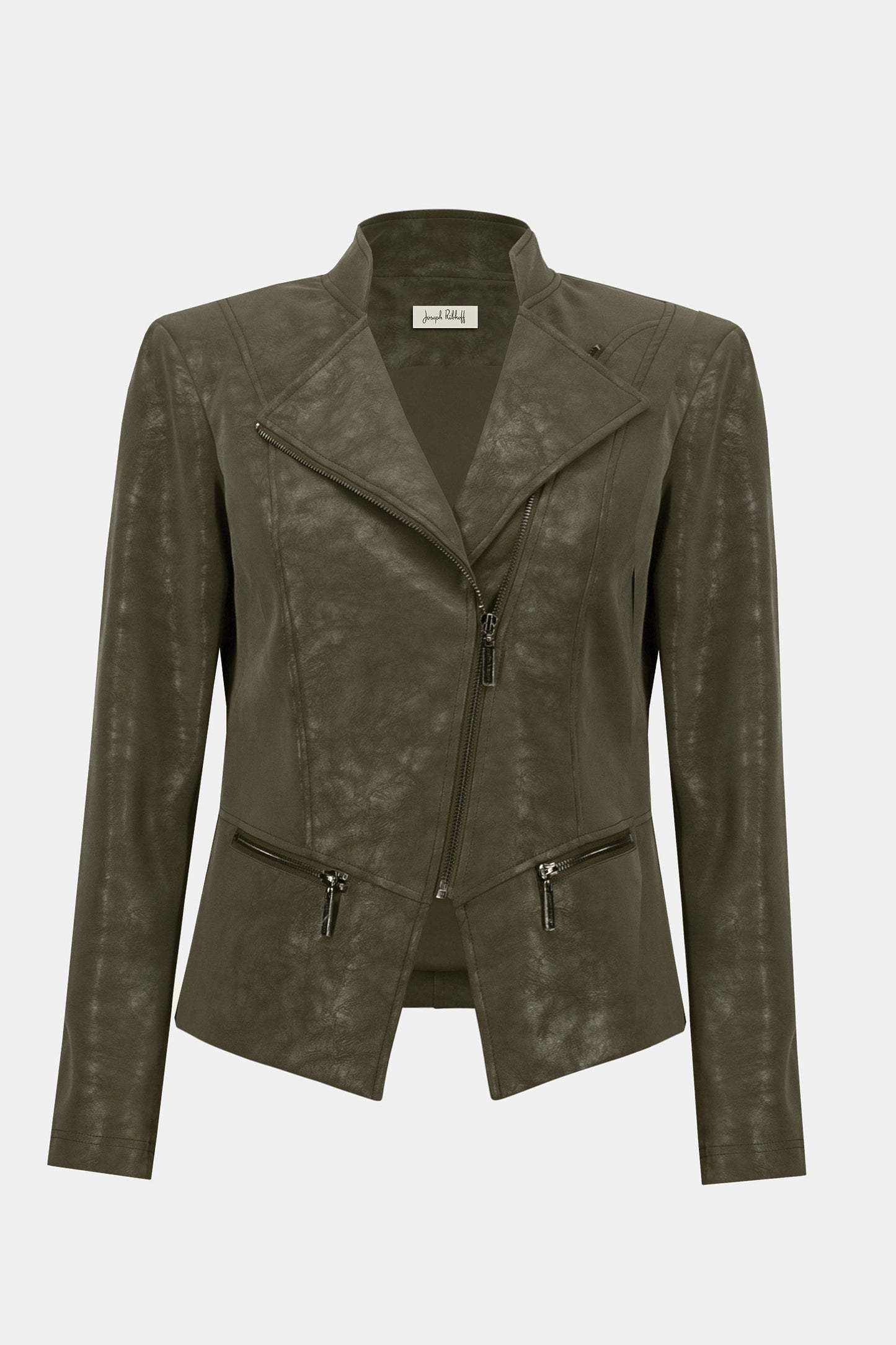 Joseph Ribkoff Foiled Faux Suede Fitted Moto Jacket Avocado Green 253915-3380