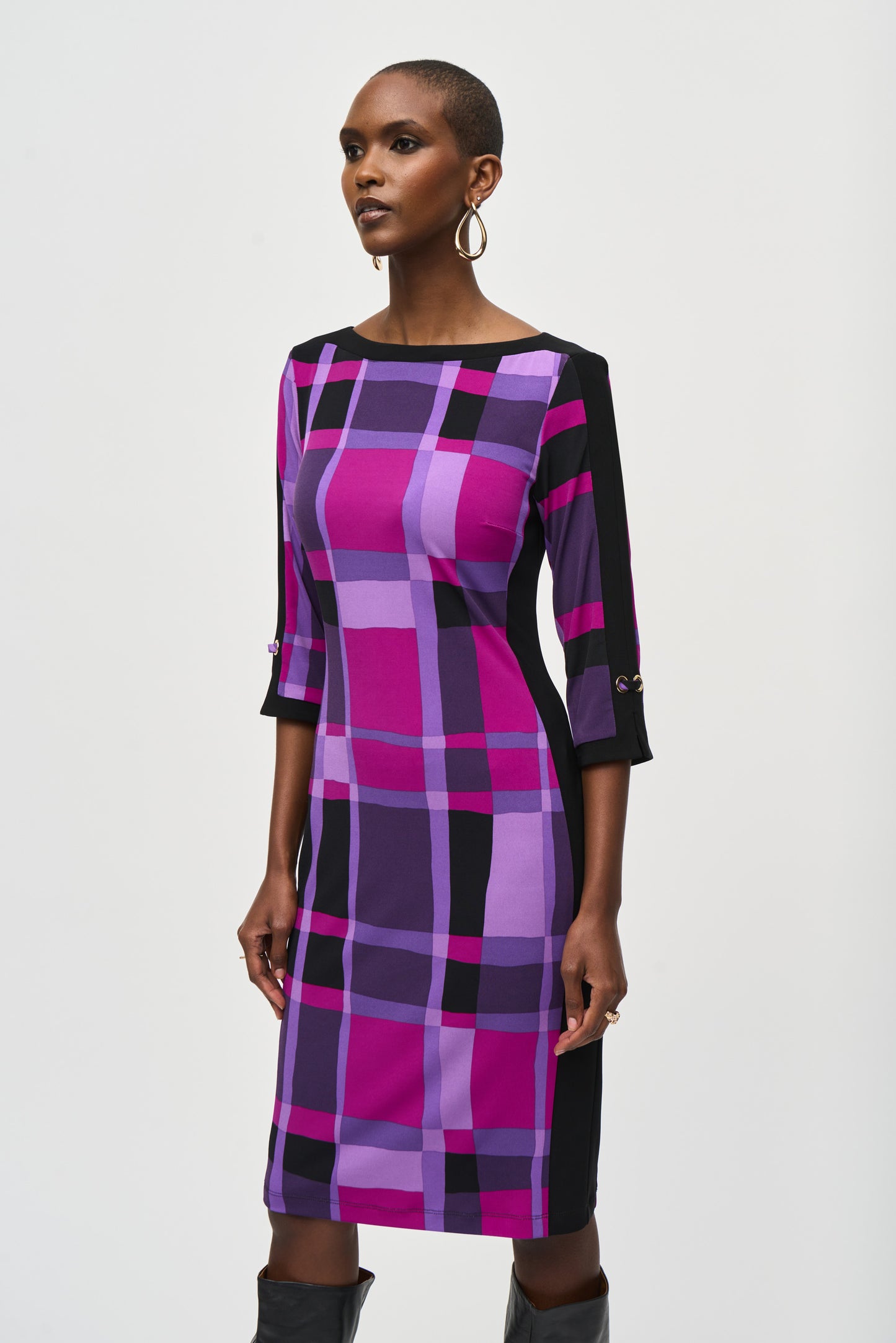 Joseph Ribkoff Silky Knit Plaid Print Sheath Dress Purple/Black 243301-333