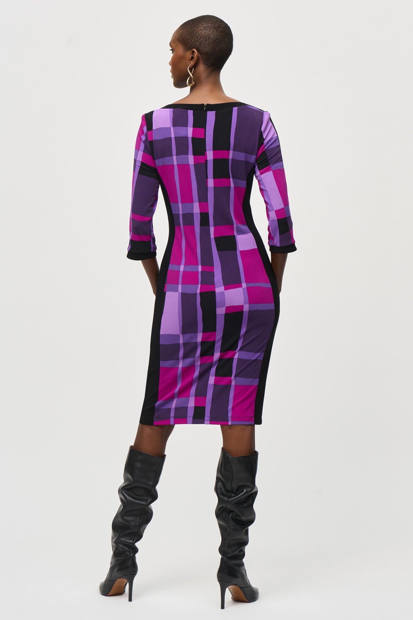 Joseph Ribkoff Silky Knit Plaid Print Sheath Dress Purple/Black 243301-333