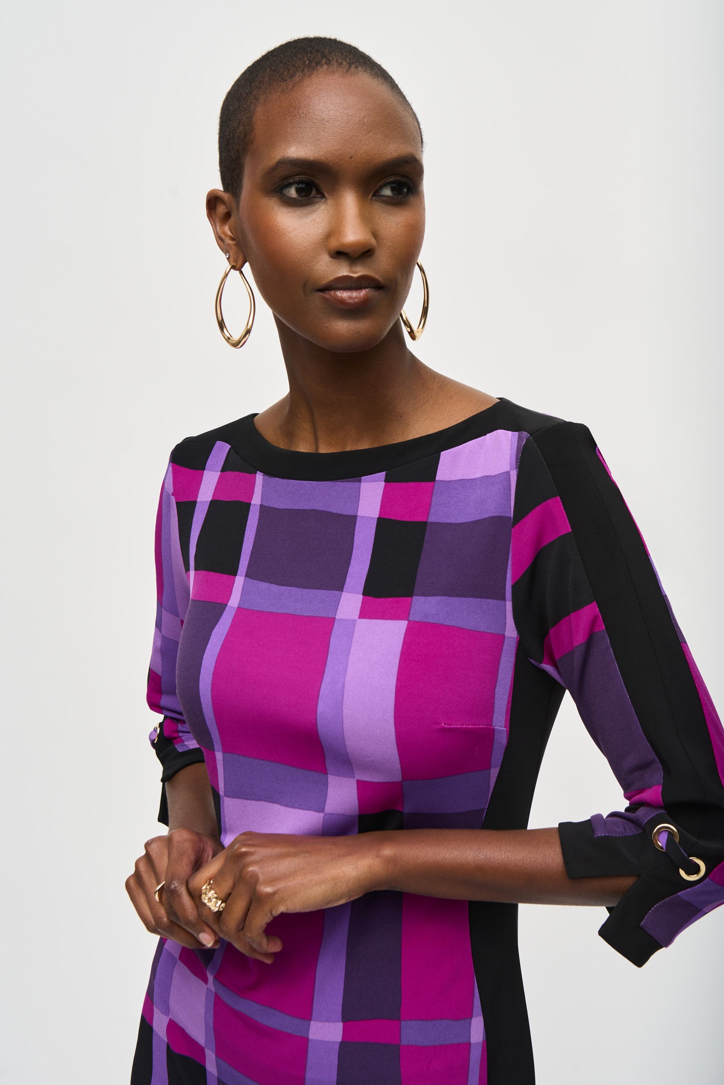 Joseph Ribkoff Silky Knit Plaid Print Sheath Dress Purple/Black 243301-333