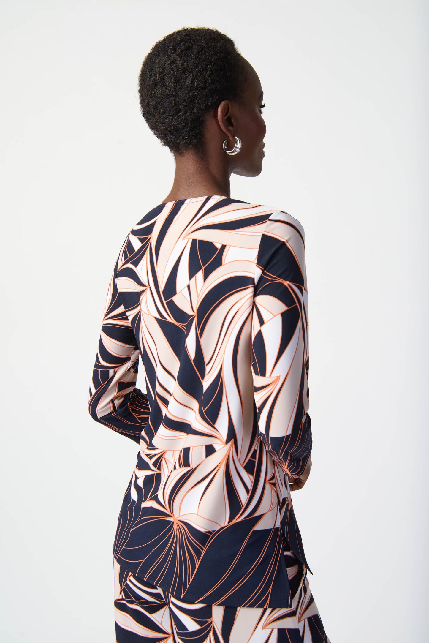Joseph Ribkoff Tropical Print Silky Knit High Low Top Midnight Blue 241143-3316