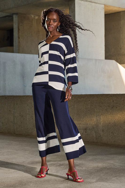 Joseph Ribkoff Placement Stripe Sweater Knit Culottes Midnight Blue/Vanilla 251945-2229