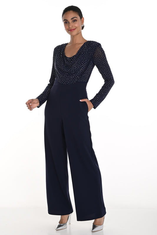 Frank Lyman Embellished Cowl Neckline Jumpsuit Navy 258721U-301