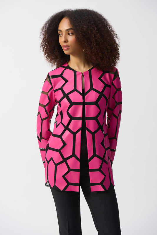 Joseph Ribkoff Laser-Cut Leatherette on Mesh Jacket - Geranium/Black - 241905-4397