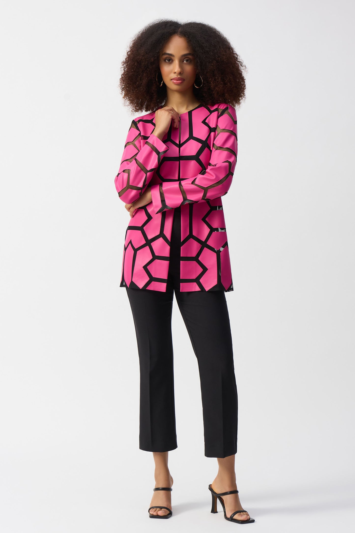 Joseph Ribkoff Laser-Cut Leatherette on Mesh Jacket - Geranium/Black - 241905-4397