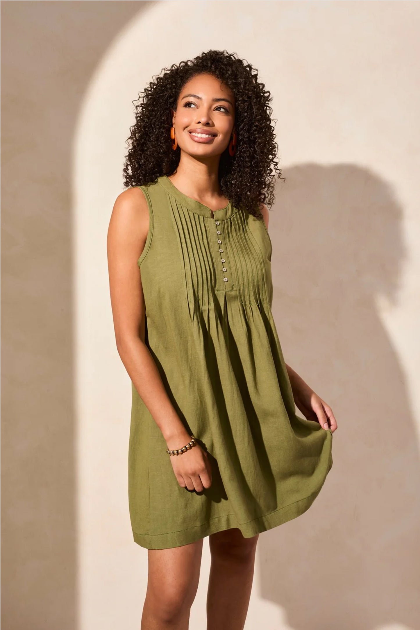 Tribal Linen Blend Pleated Sleeveless Dress Loden 2155O-4525