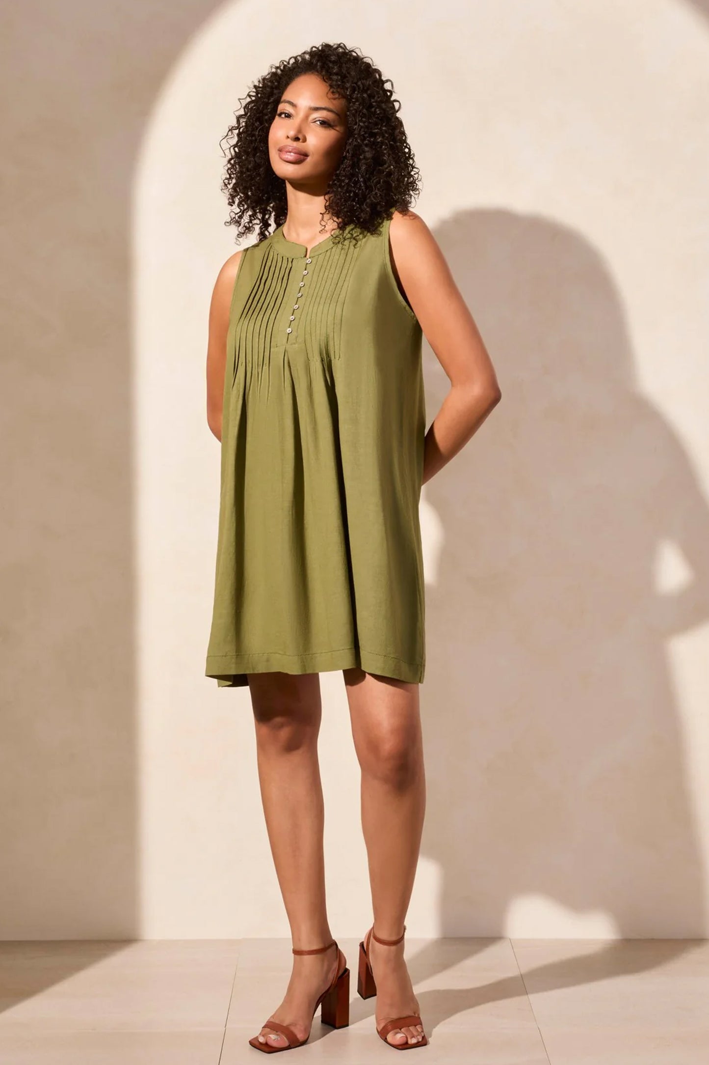 Tribal Linen Blend Pleated Sleeveless Dress Loden 2155O-4525