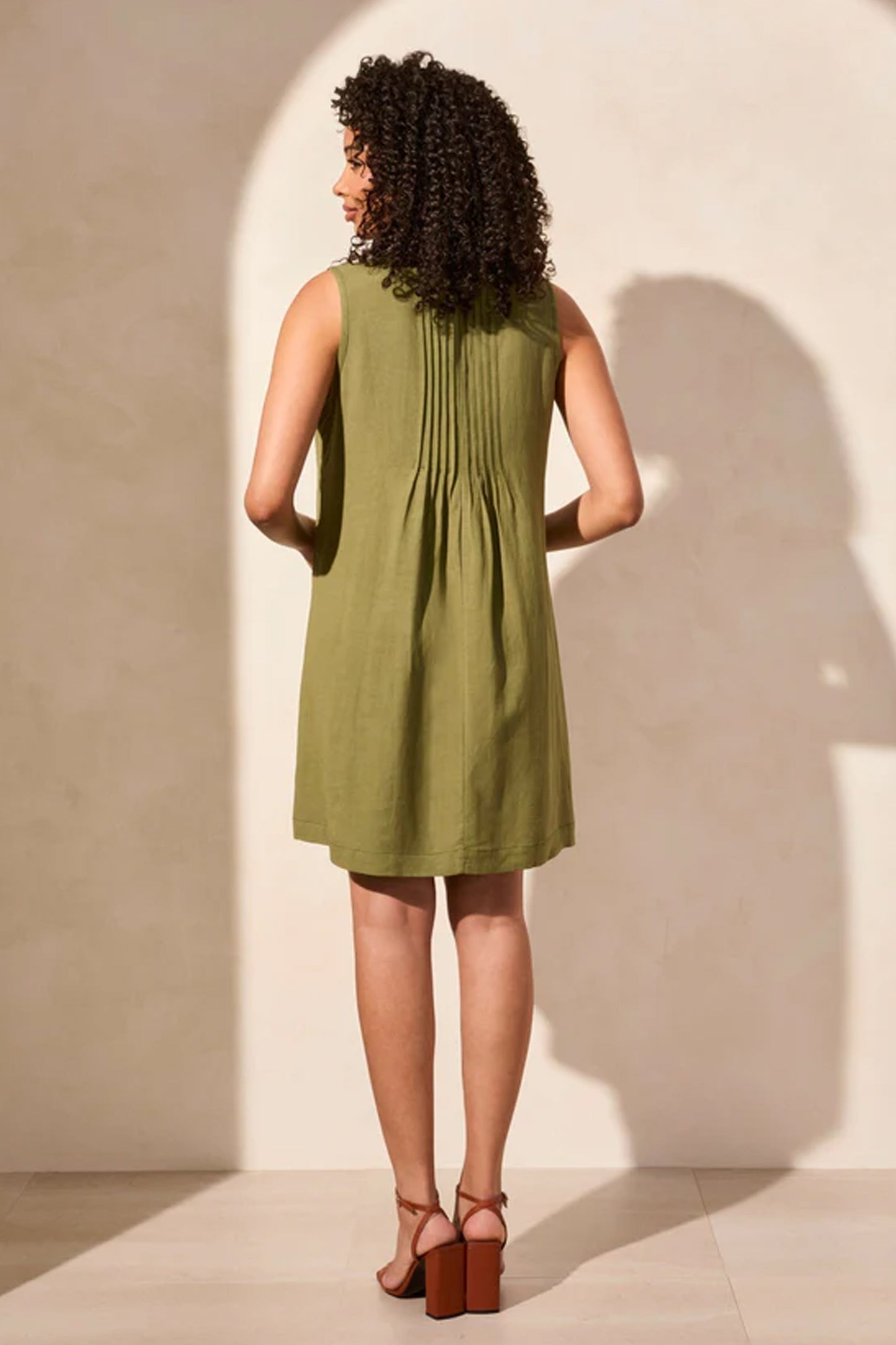 Tribal Linen Blend Pleated Sleeveless Dress Loden 2155O-4525