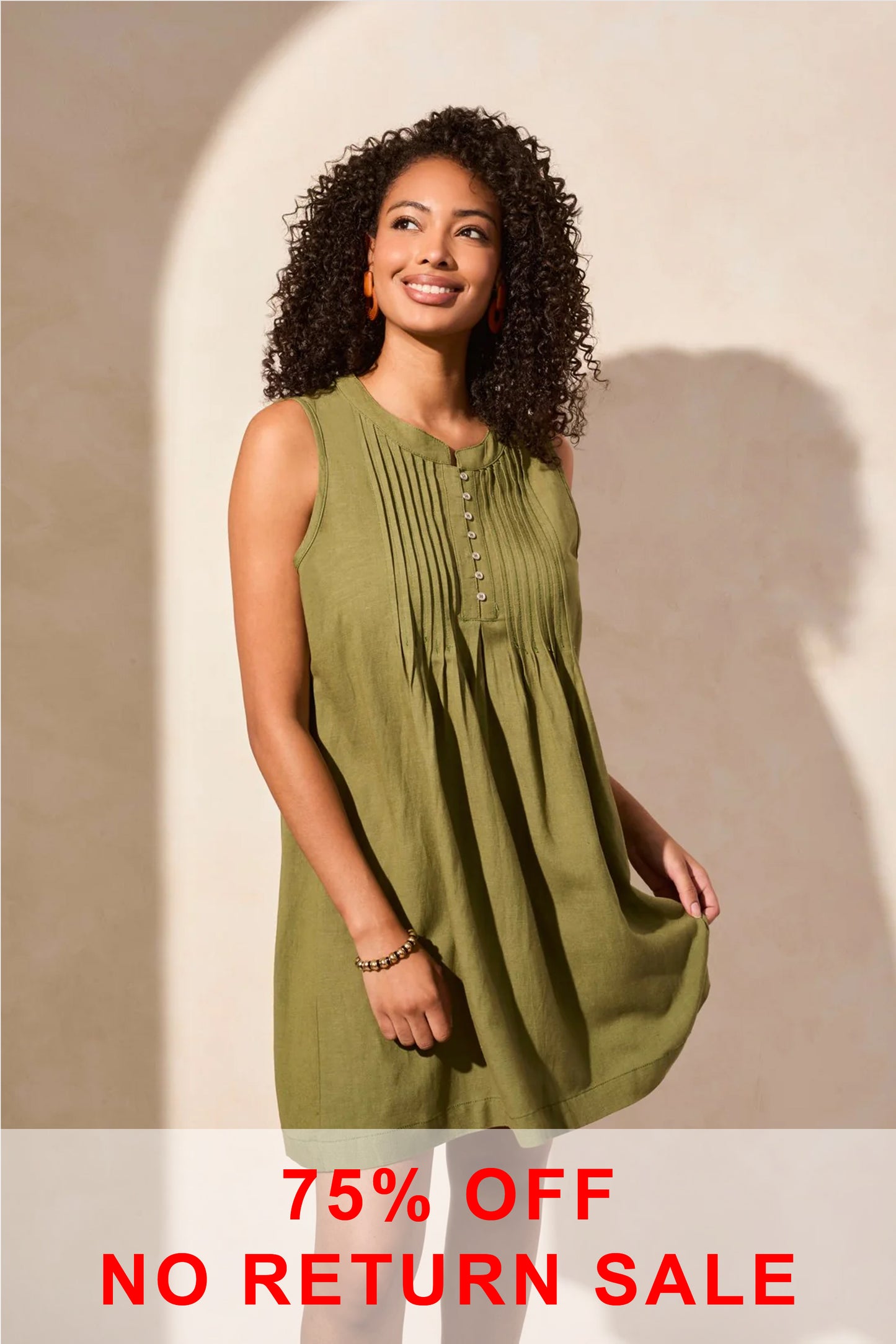 Tribal Linen Blend Pleated Sleeveless Dress Loden 2155O-4525