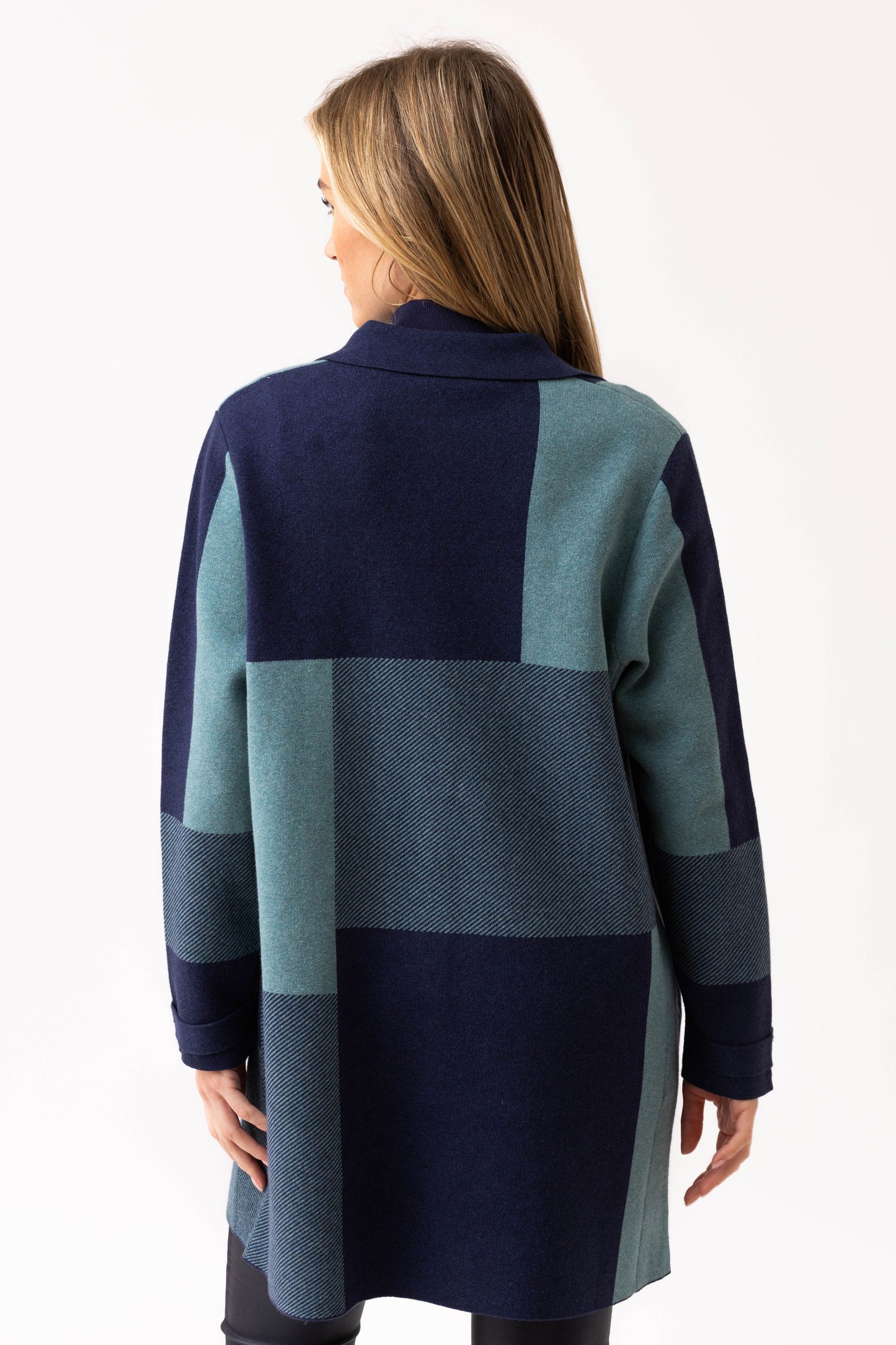 Marble Large Checked Cardigan - Navy/Teal - 8110-223