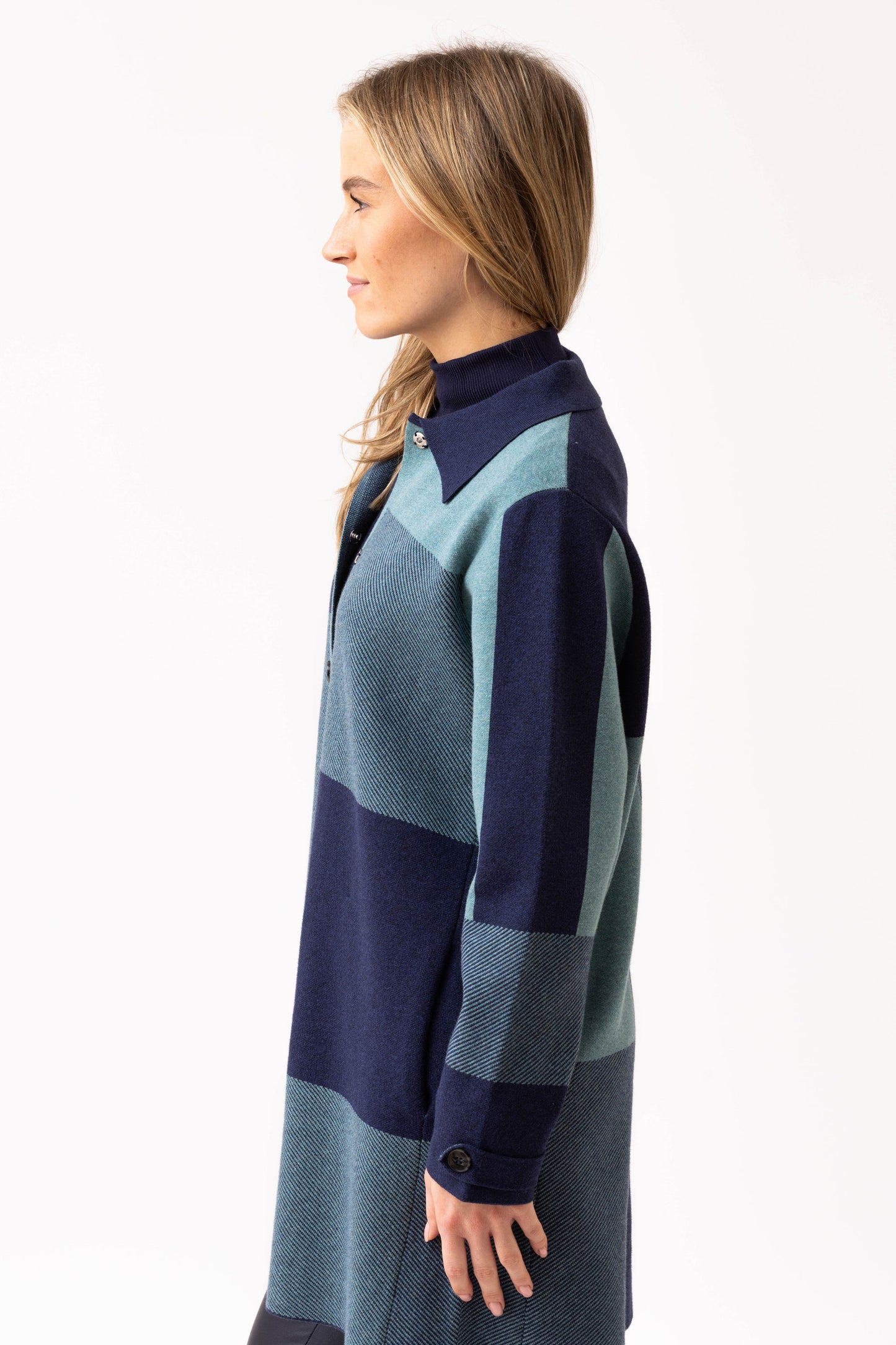 Marble Large Checked Cardigan - Navy/Teal - 8110-223
