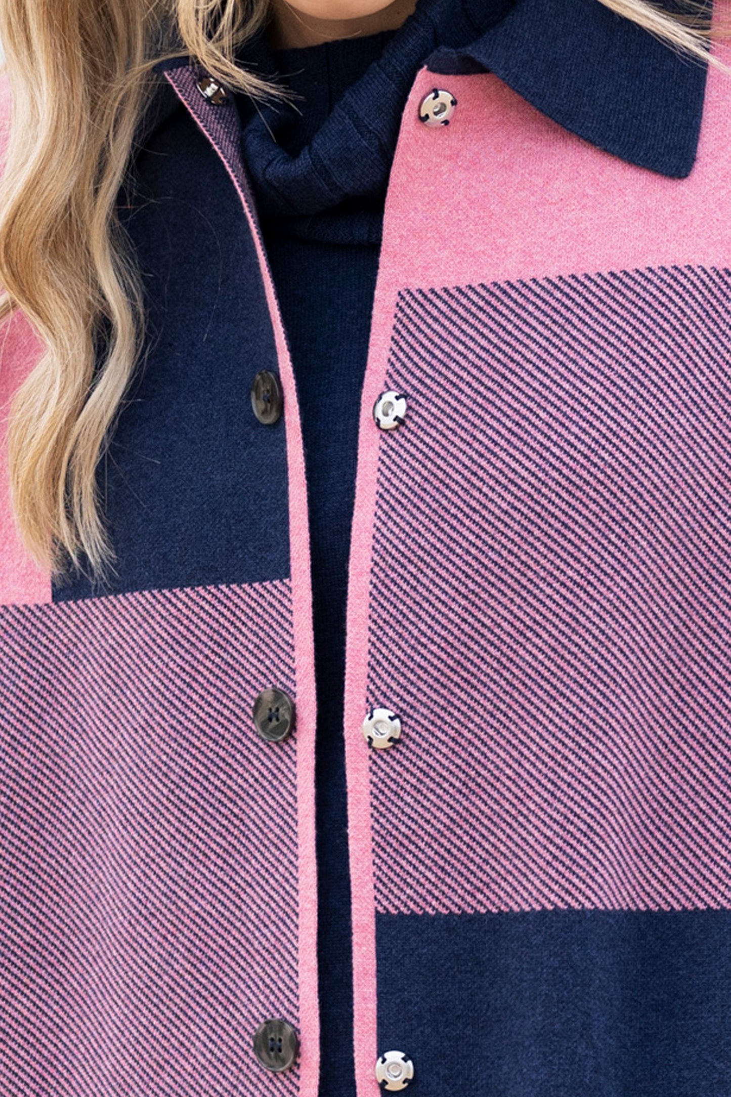 Marble Large Checked Cardigan - Pink/Navy - 8110-230