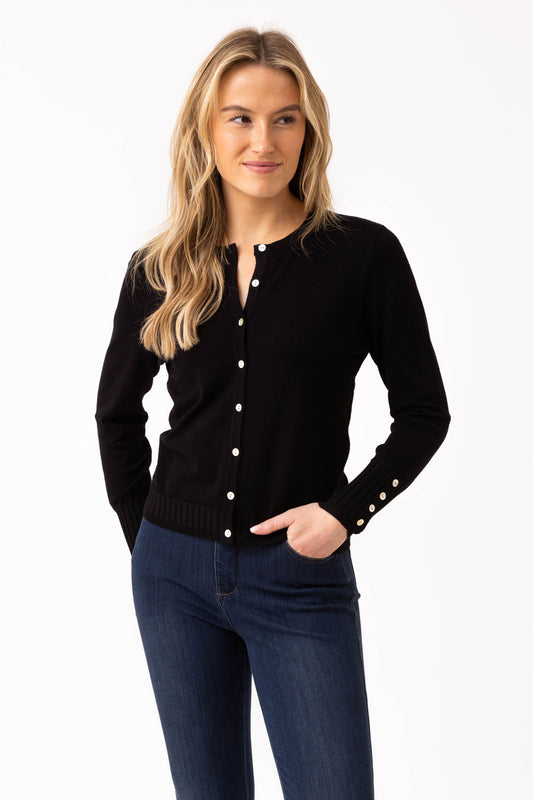 Marble Fine Knit Ribbed Detailed Cardigan - Black - 6500-101