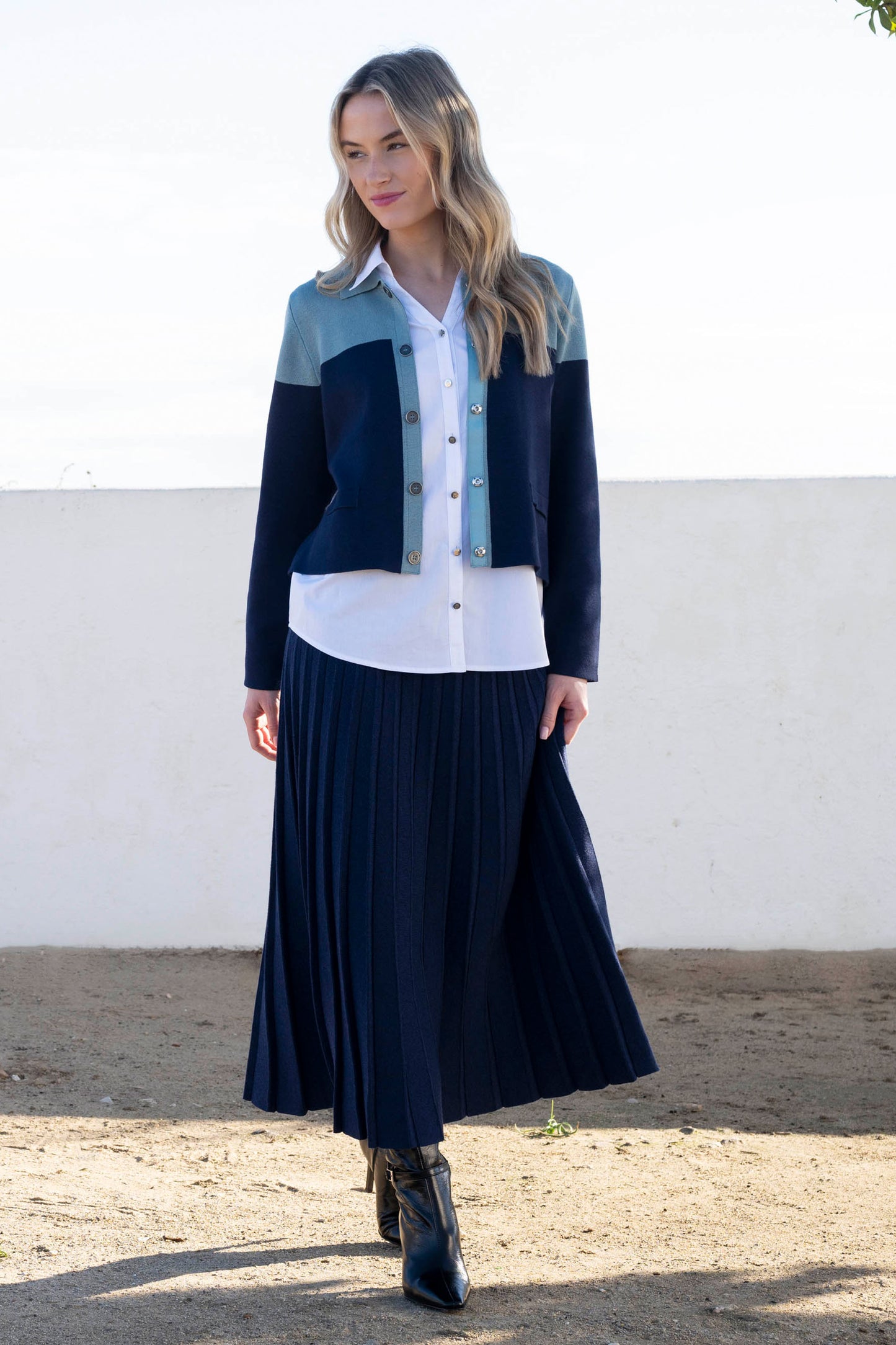 Marble Pleated Knit Skirt Navy 7176-103