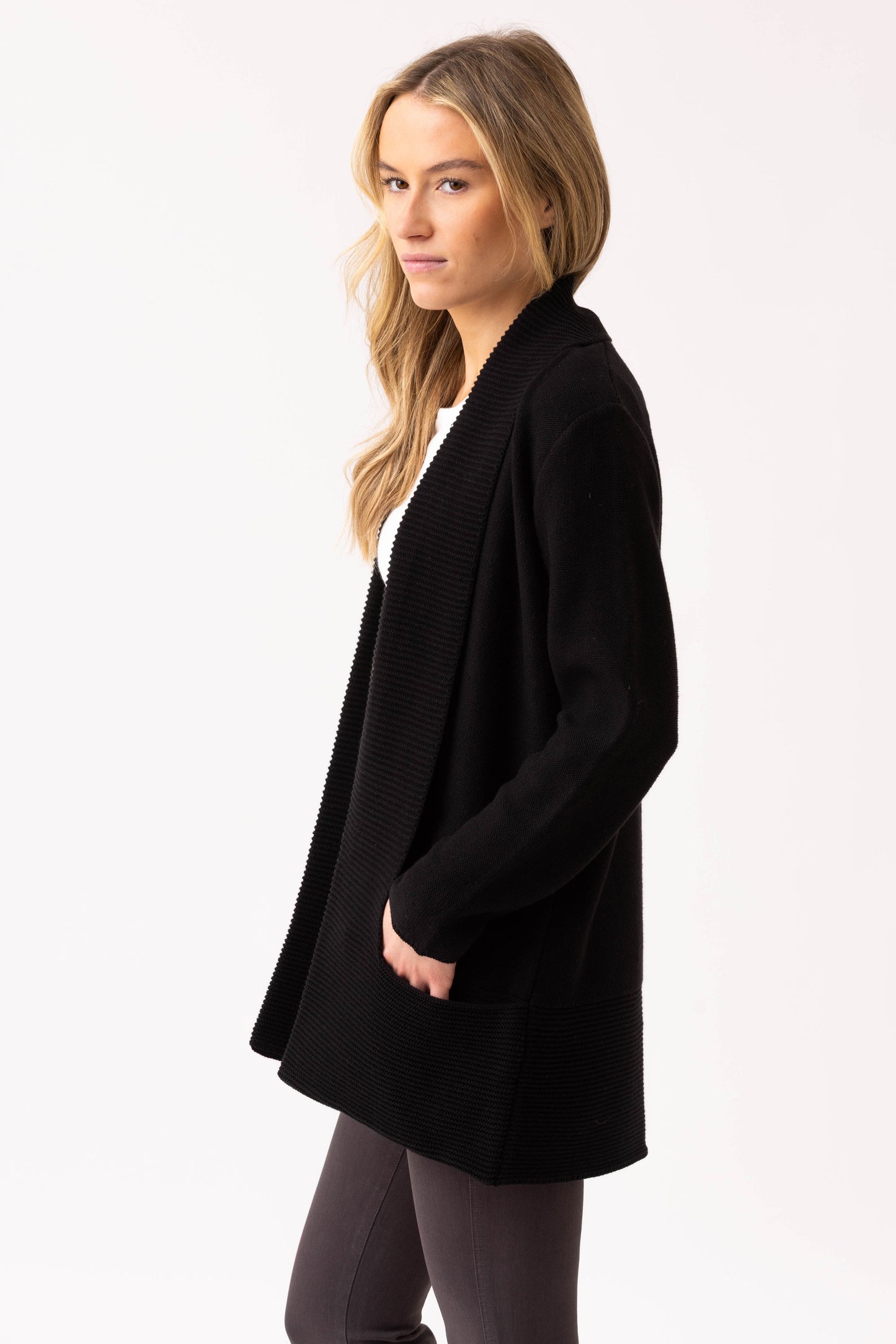 Marble Ribbed Pocket Detailed Cardigan - Black - 6391-101