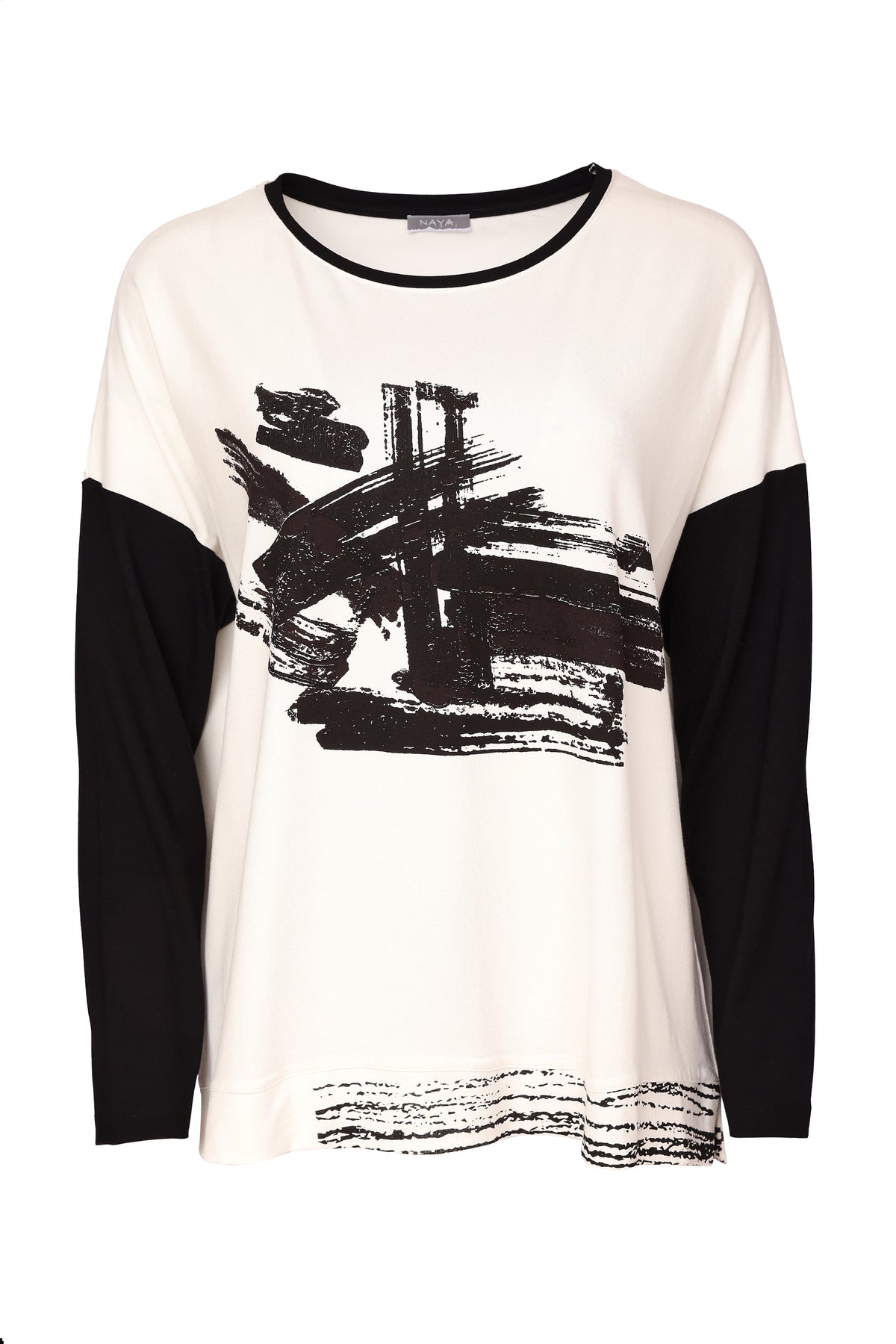 Naya Print Top With Contrast Sleeve Black/Chocolate NAW26147-975