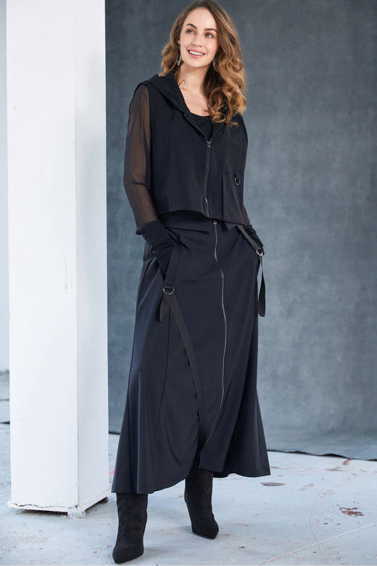 Naya A line skirt with zip and fold over band with strap detail Black NAS25220-09