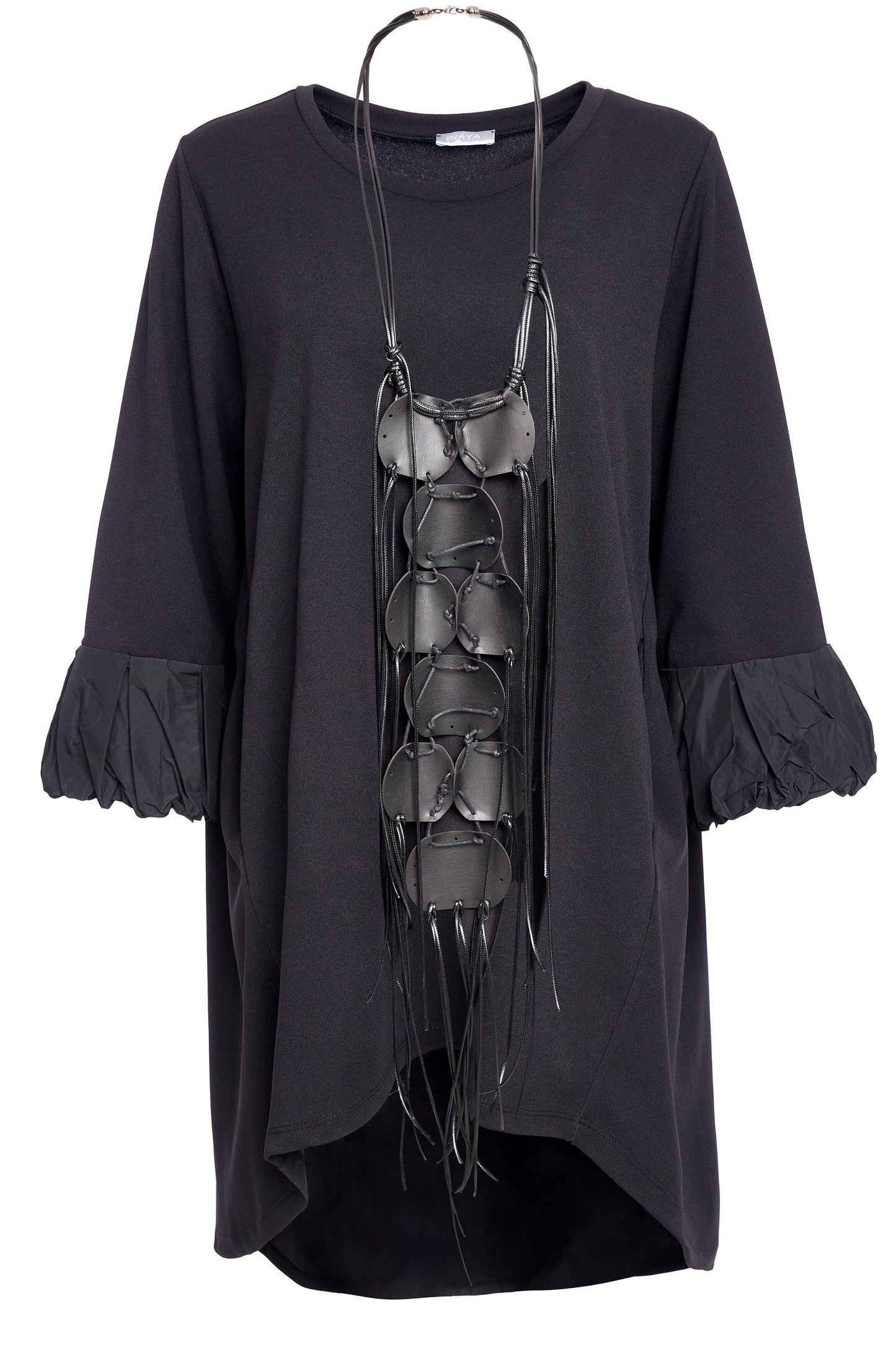 Naya Curved hemline tunic top with contrast ruched cuff Black NAW25305-09