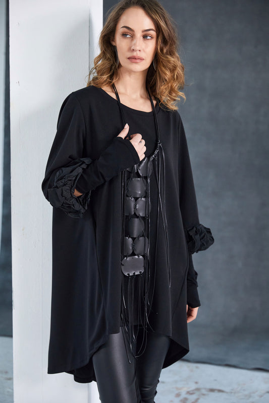 Naya Curved hemline tunic top with contrast ruched cuff Black NAW25305-09