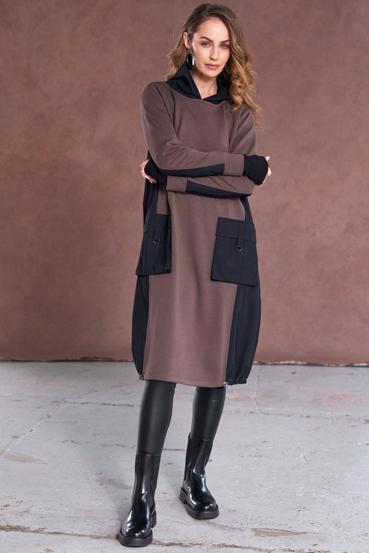 Naya Hooded Jersey Dress Cocoa & Black NAW25177-739