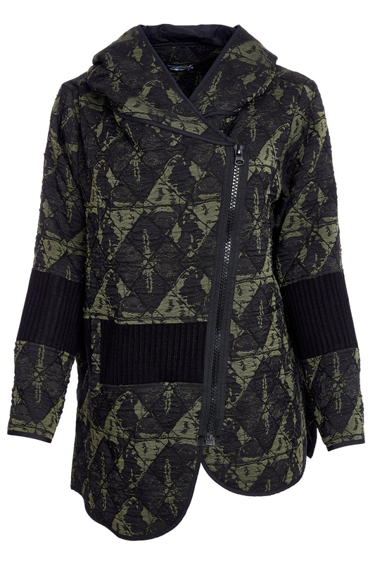 Naya Jacquard Print Jacket with Angled Zip and Ribbed Panels  Black & Forest NAW25188-954