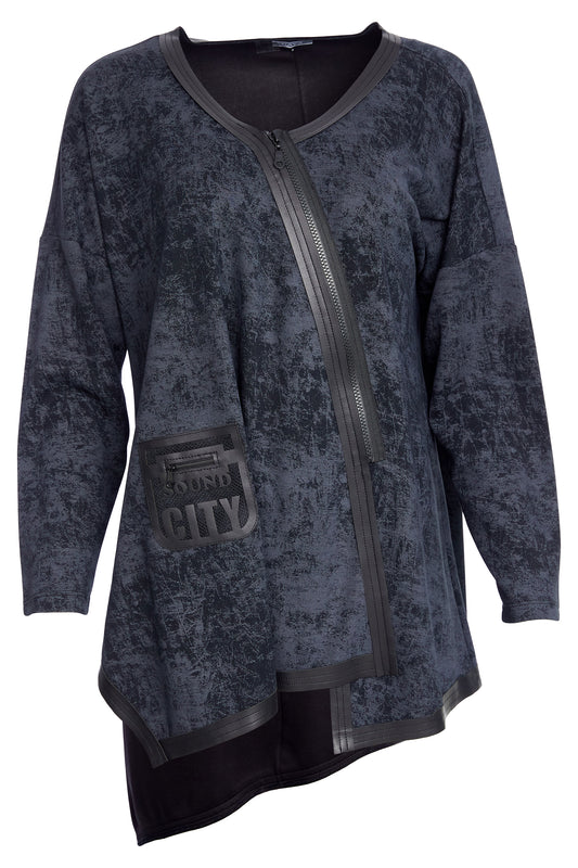 Naya Marble effect jersey top with leather trims and zip detail Black & Carbon NAW25306-986